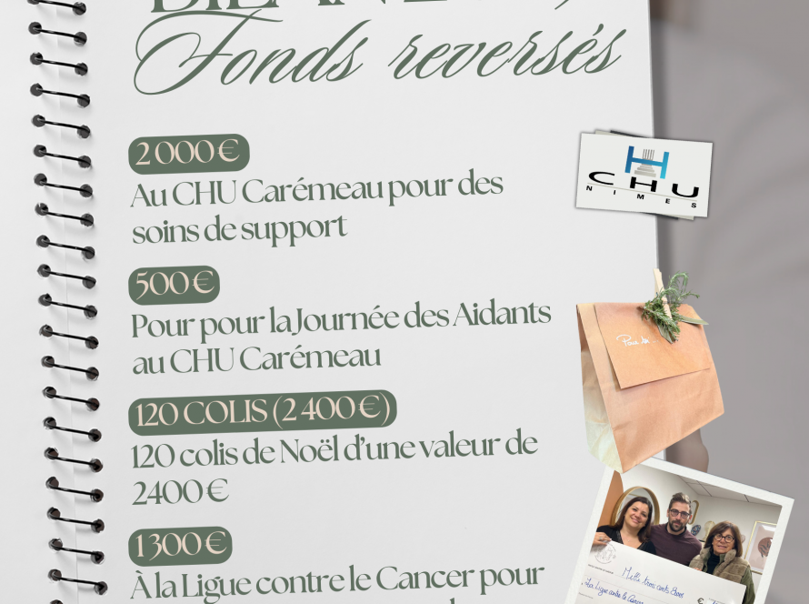 Bilan 2025 de l'associatioon Pour eux pour elles. Fonds reversés au CHU de Nîmes et La ligue cpntre le cancer du gard