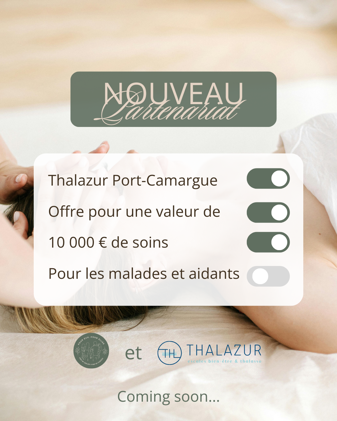 nouveau partenariat avec @thalazur_port_camargue, qui offre des soins bien-être et une soixantaine d’abonnements à l’espace marin aux personnes malades et aux aidants ✨
